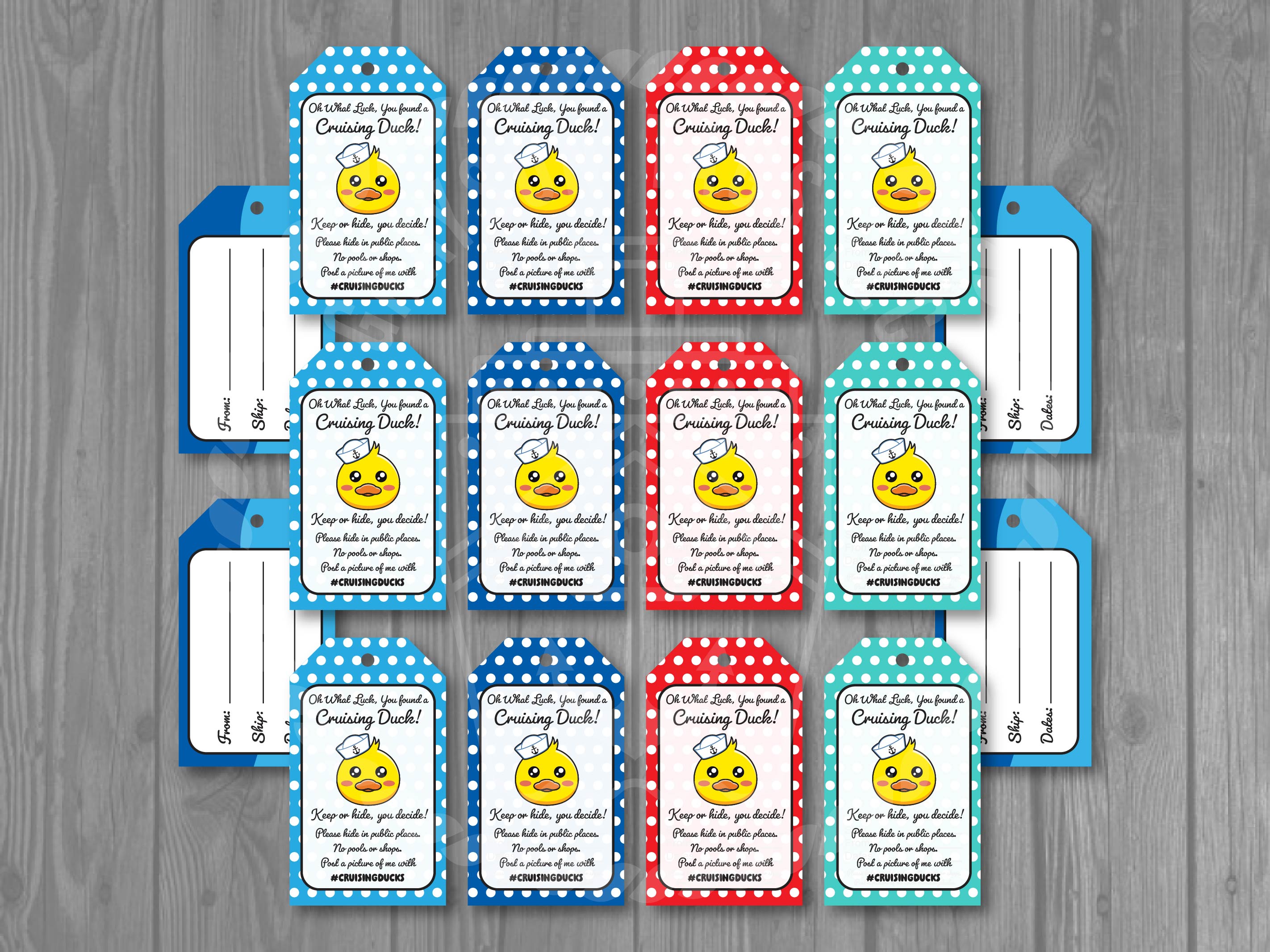 12-Piece Duck Tag Set - Printed Card Stock Cruising Ducks - 1.75" x 3" Each