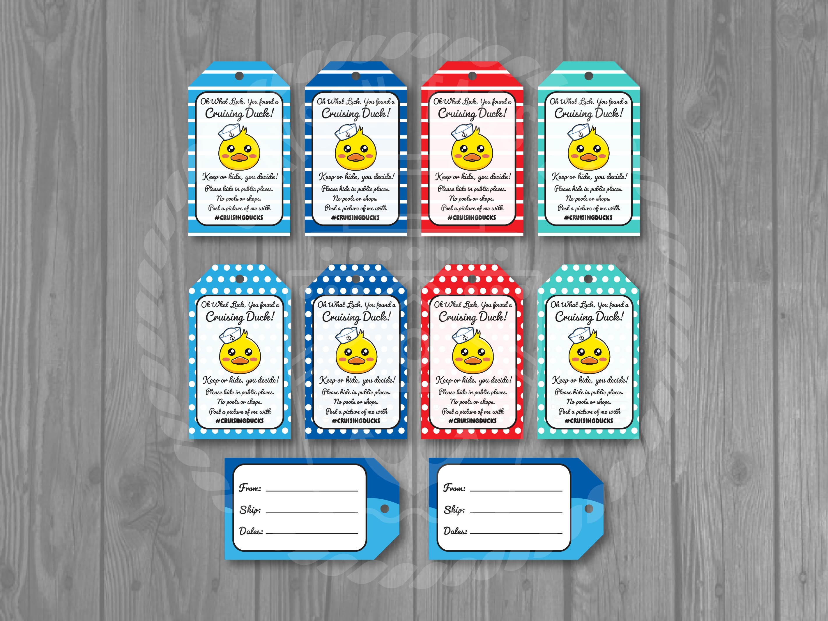 12-Piece Duck Tag Set - Printed Card Stock Cruising Ducks - 1.75" x 3" Each
