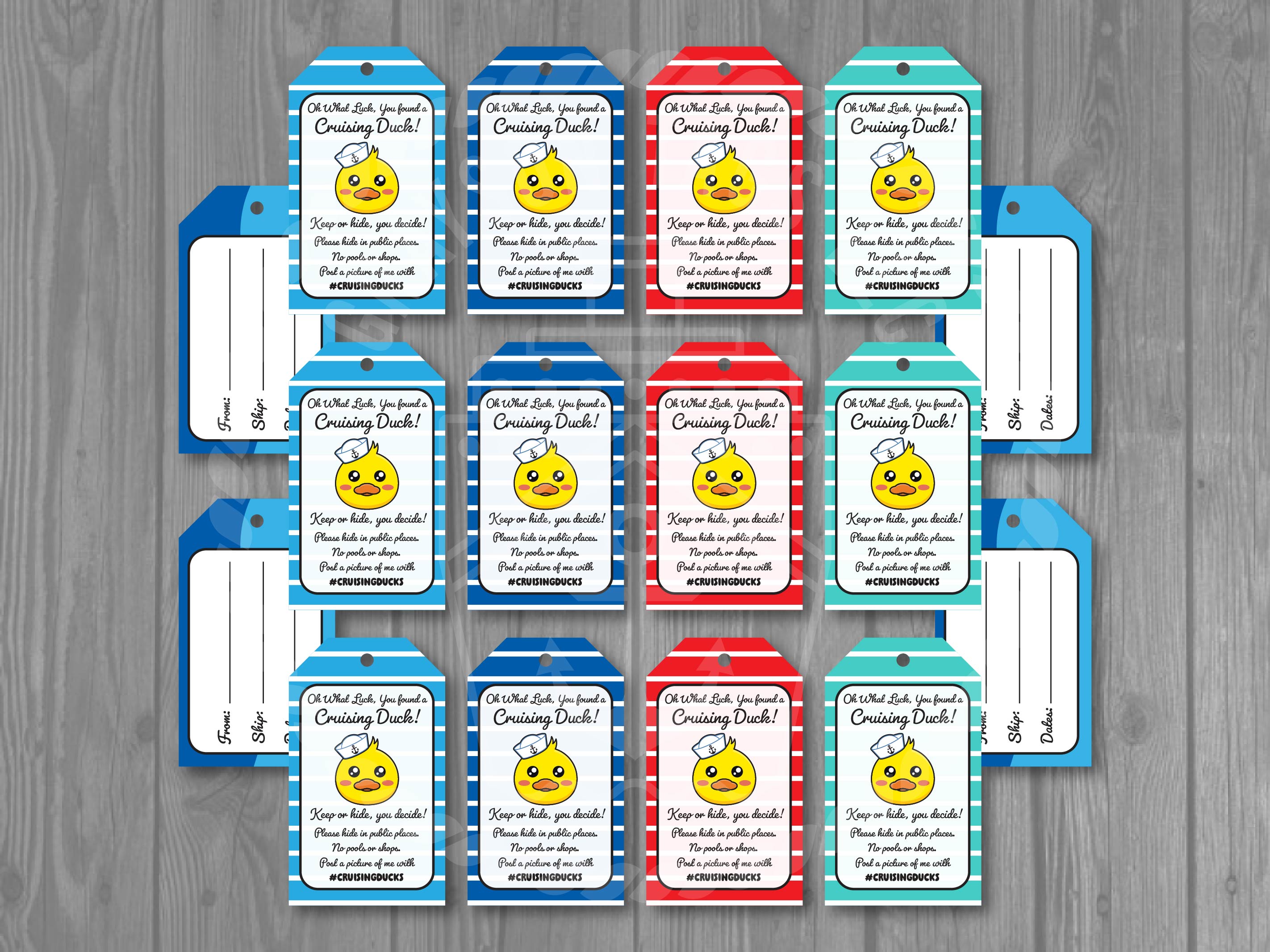 12-Piece Duck Tag Set - Printed Card Stock Cruising Ducks - 1.75" x 3" Each
