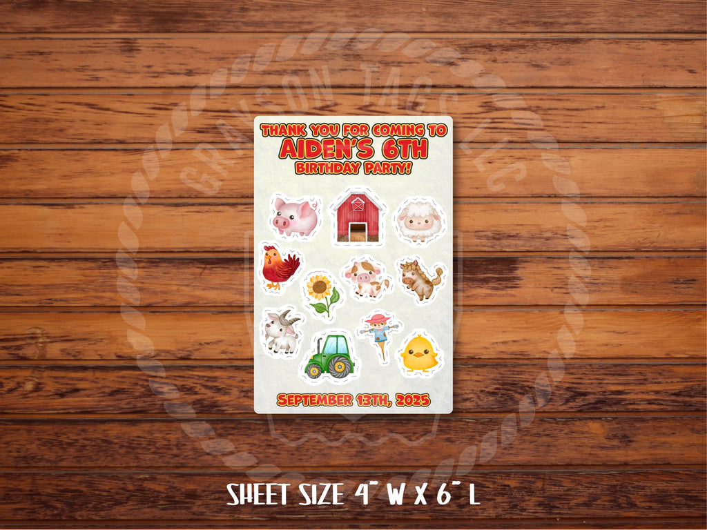 Custom Farm Animal Birthday Sticker Sheet - Goodie Bag Gift